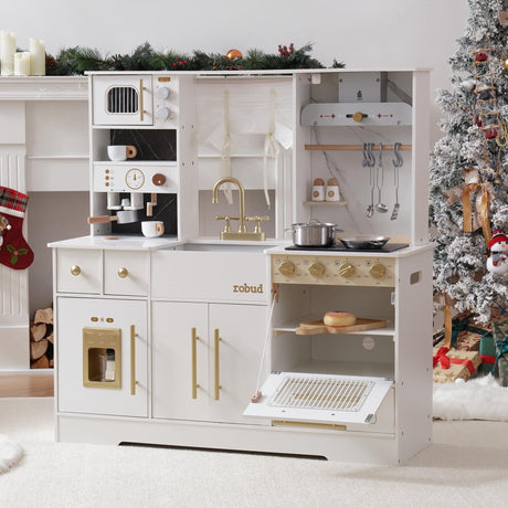 ROBUD Play Kitchen for Kids, Wooden Play Kitchen Set with Plenty of Realistic Play Features, Toy Kitchen with Ice Maker, Coffee Machine, Oven, Cabinet, Microwave, Utensils, Gift for Ages 3+, White ROBUD