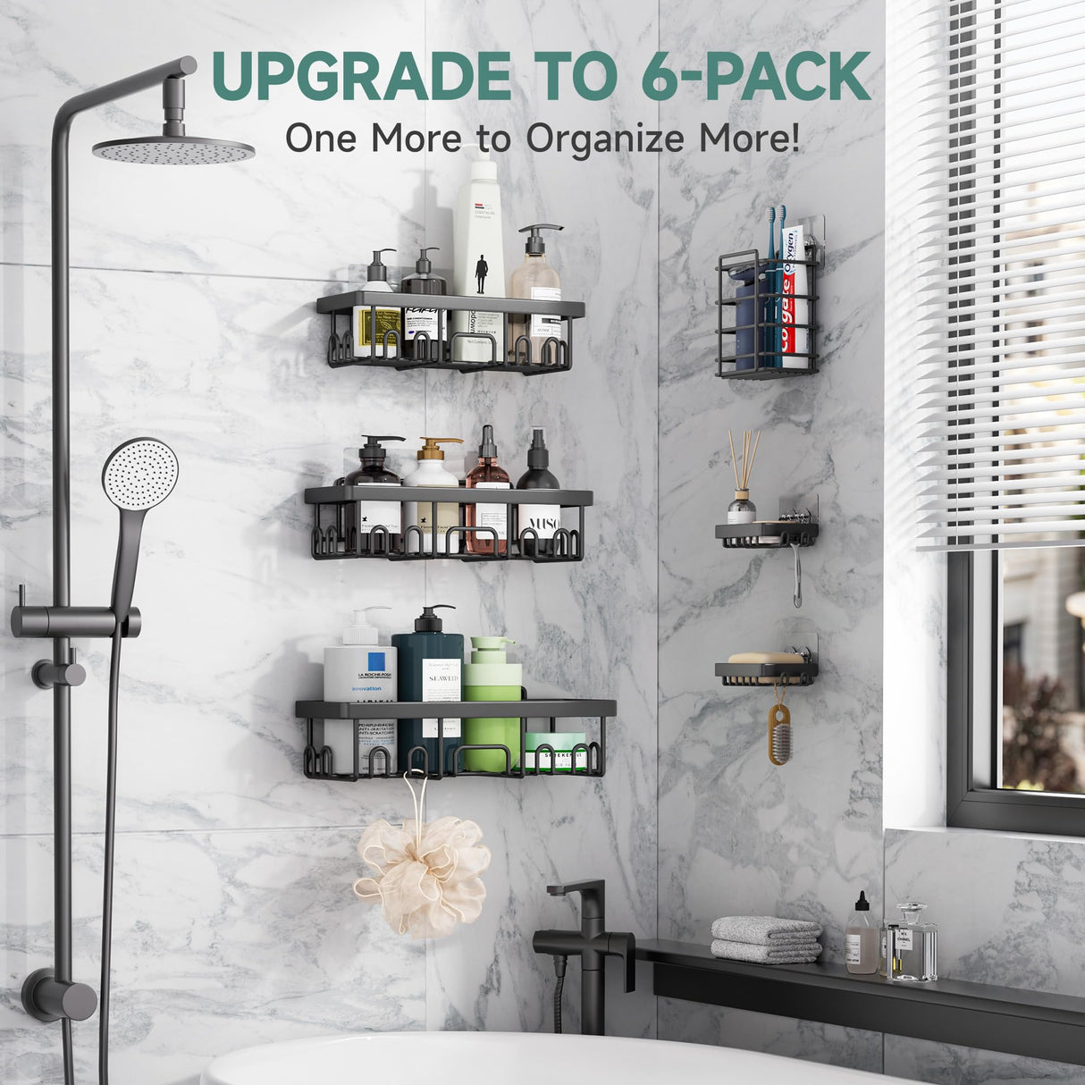 Veken Stainless Steel Shower Caddy 6-Pack, Adhesive Rustproof Shelves Rack with Soap Holder, Large Capacity Bathroom Organizers and Storage, No Drilling Wall-Mounted Kitchen & Home Decor, Bath Decor Veken
