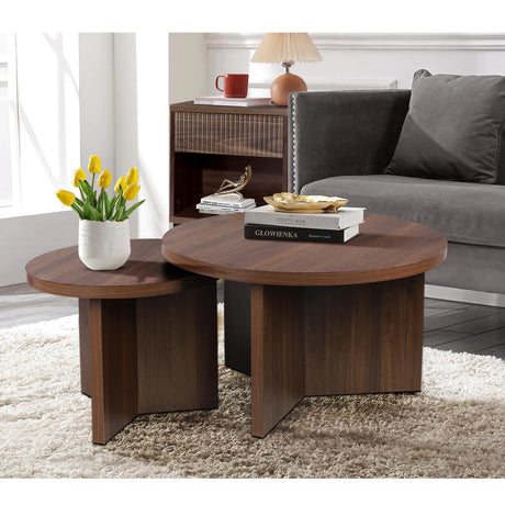 QuicMiou Farmhouse Round Coffee Table Set of 2, Modern Living Room Coffee Table Set, Wooden Nesting Tables for Living Room, Easy Assembly (Walnut) QuicMiou