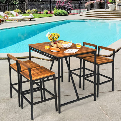 HAPPYGRILL 5-Piece Acacia Wood Outdoor Bar Set with Umbrella Hole and 4 Ergonomic Stools - WoodArtSupply