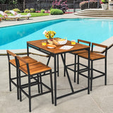 RELAX4LIFE 5-Piece Patio Bar Set, Acacia Wood Counter Height Bistro Dining Table w/Umbrella Hole, Wicker Rattan Bar Stools Set of 4 for Balcony Backyard Poolside, 5PCS Outdoor Bar Table and Chairs Set RELAX4LIFE