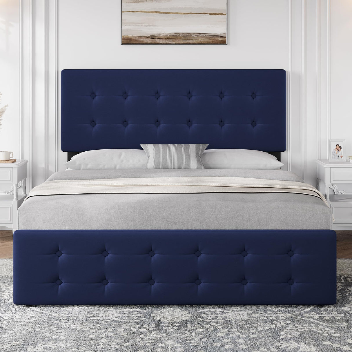 IDEALHOUSE Queen Size Bed Frame with 4 Storage Drawers and Headboard, Velvet Upholstered Platform Bed Frame with Wooden Slats Support, Button Tufted Design, No Box Spring Needed, Blue IDEALHOUSE