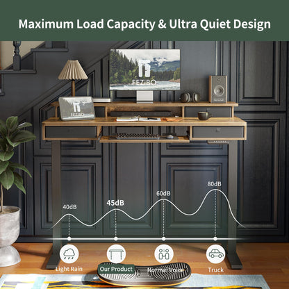 FEZIBO Height Adjustable Electric Standing Desk with 4 Drawers and Keyboard Tray, 48 x 24 Inch Table with Storage Shelf, Sit Stand Desk with Splice Board, Rustic Brown - WoodArtSupply