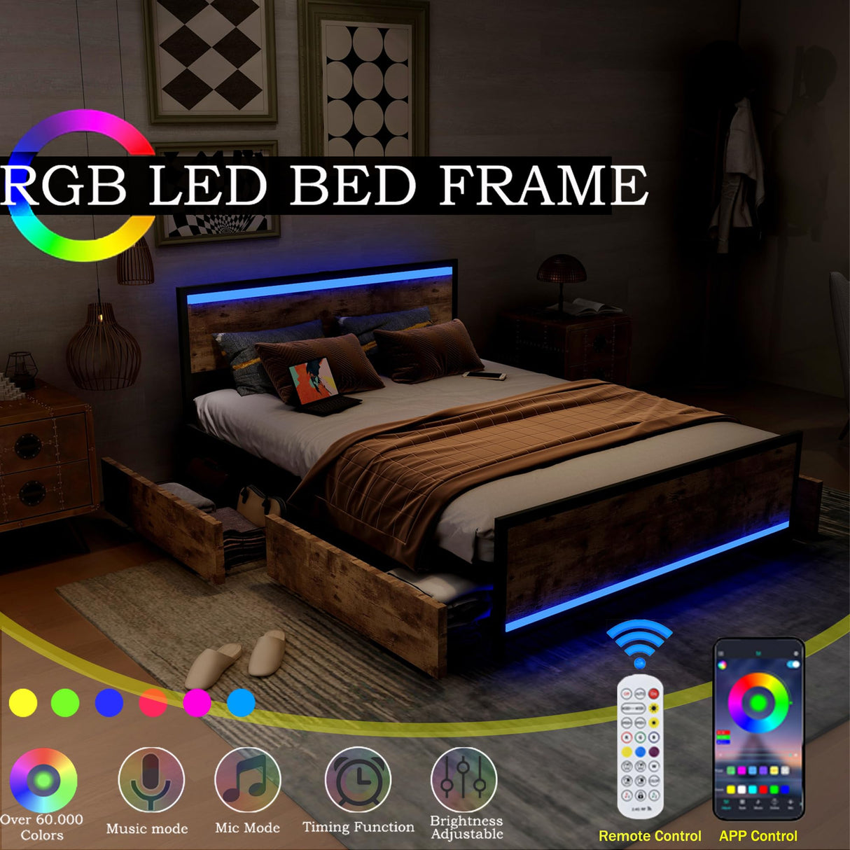 Ailisite Queen Size Bed Frame with 4 Drawers, LED Lights & USB Charging Ports - Rustic Wood Platform Design Ailisite