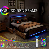 Ailisite Queen Size Bed Frame with 4 Drawers, LED Lights & USB Charging Ports - Rustic Wood Platform Design Ailisite
