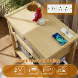 Large Night Stand Set of 2, Bedside Table with Drawers and Open Shelf, Farmhouse Bedroom Nightstand with Charging Station, 27.5" Wide Boho Rattan Side Table for Bedroom, Living Room Arbcoler