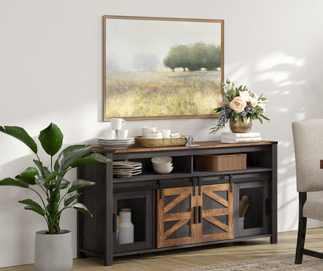 WAMPAT Rustic Farmhouse Buffet Cabinet with Sliding Barn Doors – 59" Antique Black & Brown Coffee Bar Storage Table for Kitchen and Living Room WAMPAT