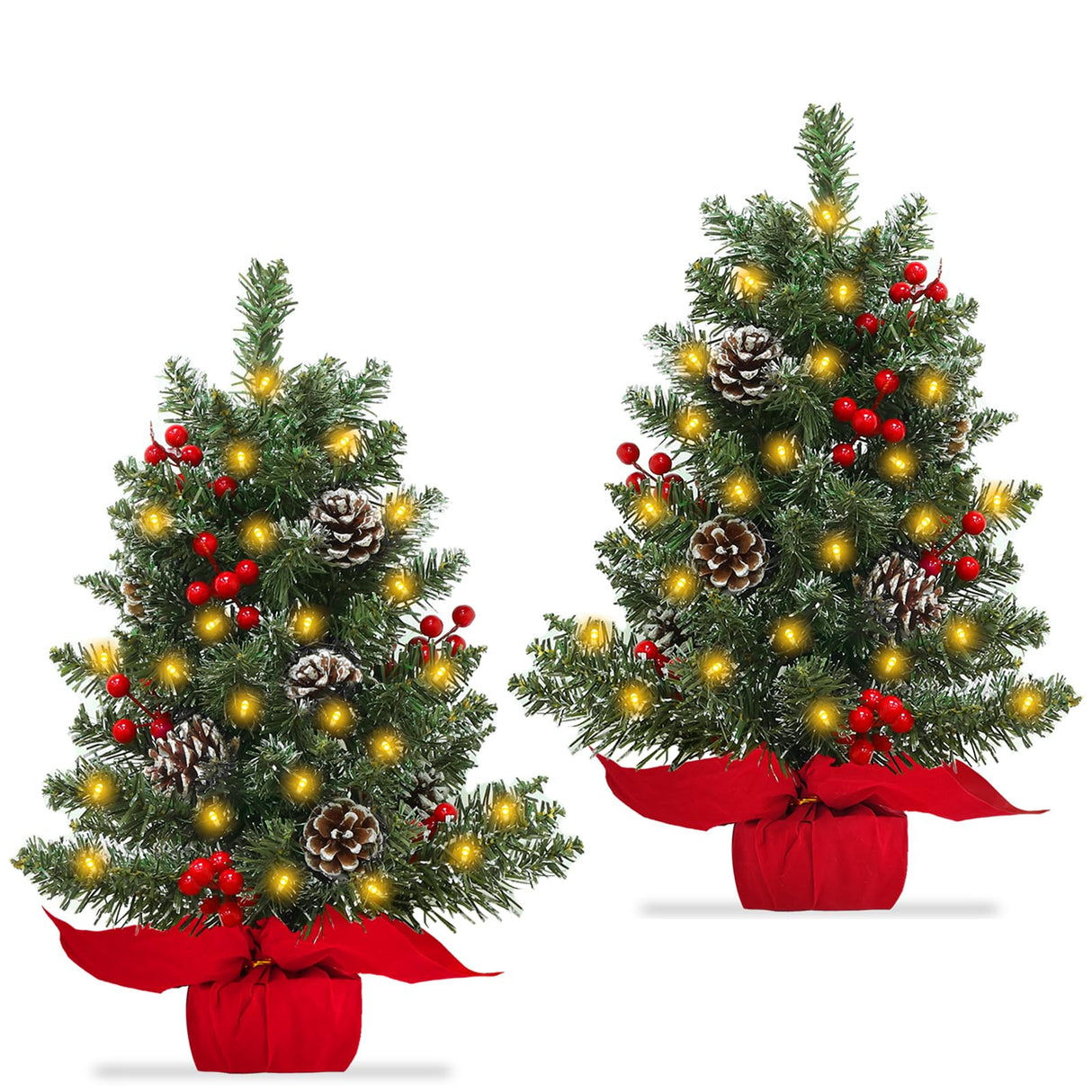 TURNMEON 2 Pack 24 Inch Lighted Small Christmas Trees, Artificial Tabletop Mini Xmas Tree with Timer 30 LED Lights 8 Pine Cones 8 Red Berried and Lifelike Branches for Christmas Holiday Indoor Decor TURNMEON