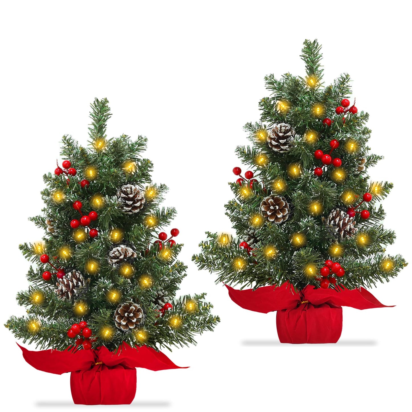 TURNMEON 2 Pack 24 Inch Lighted Small Christmas Trees, Artificial Tabletop Mini Xmas Tree with Timer 30 LED Lights 8 Pine Cones 8 Red Berried and Lifelike Branches for Christmas Holiday Indoor Decor