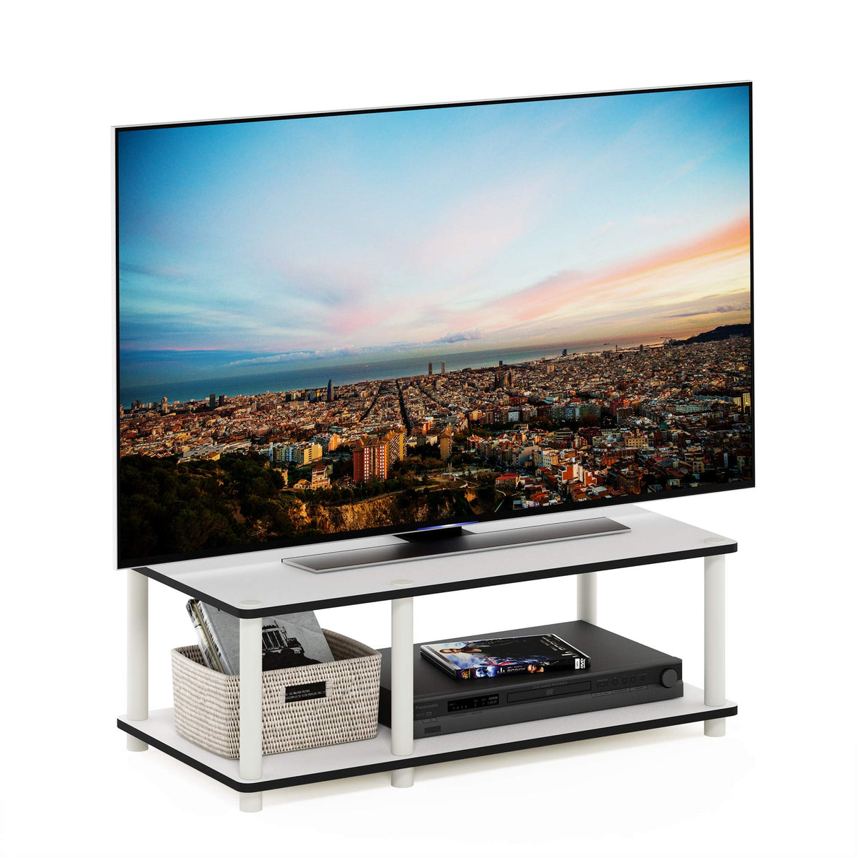 Furinno Just No Tools Mid TV Stand, White w/White Tube Furinno