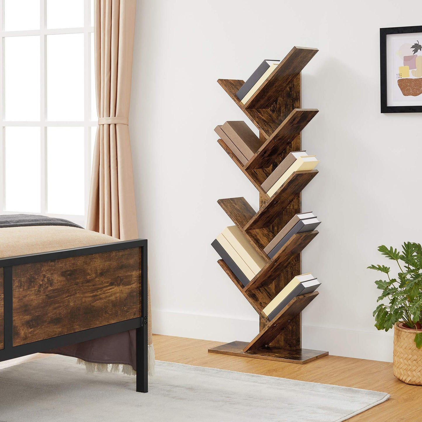 VASAGLE Tree Bookshelf, 9-Tier Bookcase, Large Bookshelf, Space-Saving Corner Shelf, Book Tree, Holds Books, CDs, Games, for Bedroom, Living Room, Home Office, Rustic Brown ULBC11BX