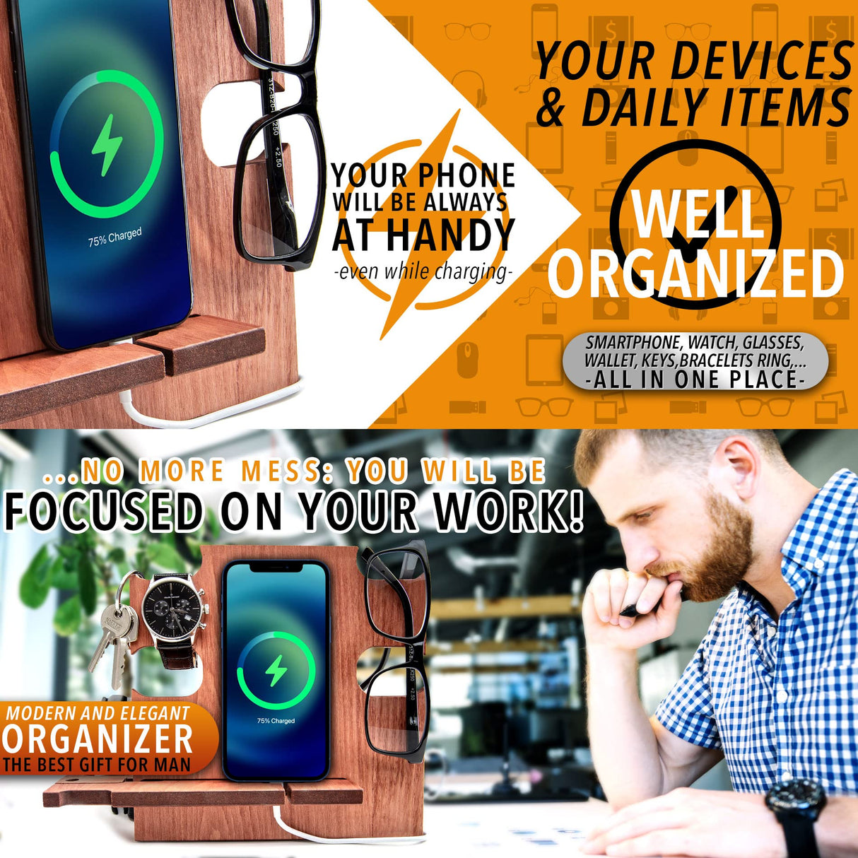 GRETAOTO Personalized Wood Phone Docking Station Gift for Men Bedside Nightstand Charging Station Organizer Mens Accessories Phone Stand Anniversary Birthday Gifts for Dad Him Husband Greta Oto