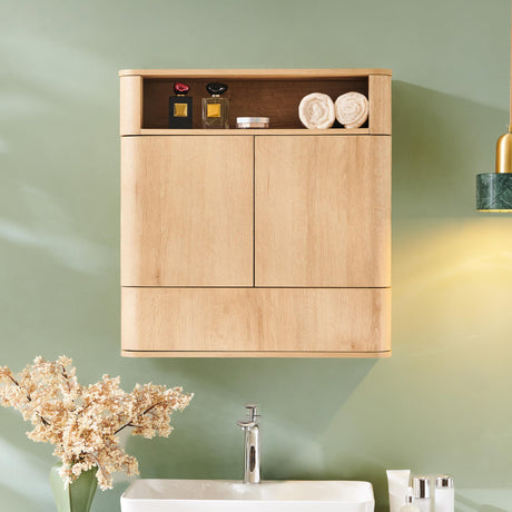 ACCOHOHO Modern Minimalist Bathroom Medicine Cabinet with Adjustable Shelf, Sliding Drawer and Magnetic Push Latch, Above Toilet Wall Mounted Hanging Storage Cabinet, Natural Oak ACCOHOHO