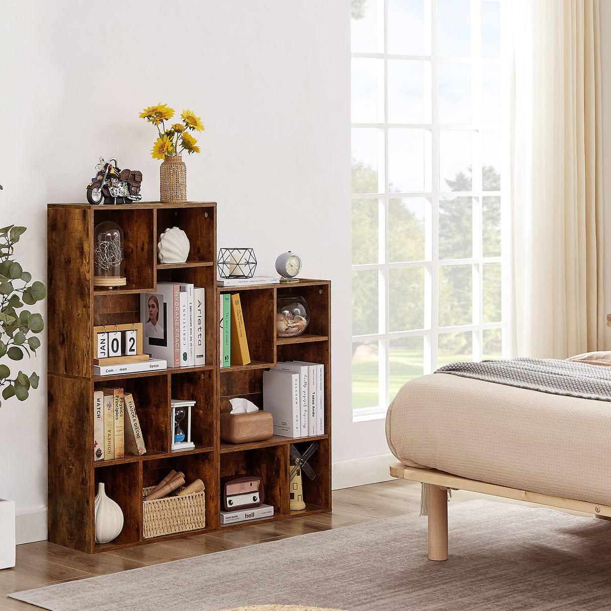 VECELO 42 Inch High Bookcase, 4-Tier Modern Storage Cabinet with Height Difference Shelves for Standard Textbooks, Floor Standing, 7 Cubes, Horizontal Available, Easy Assembly, Rustic Brown VECELO