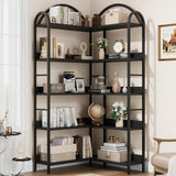 Loumernhant Arched Corner Bookshelf 68.5" Tall, Industrial Wood & Metal Bookcase for Home Office, 5-Tier Storage Shelf for Books/Toys/Decor Loumernhant