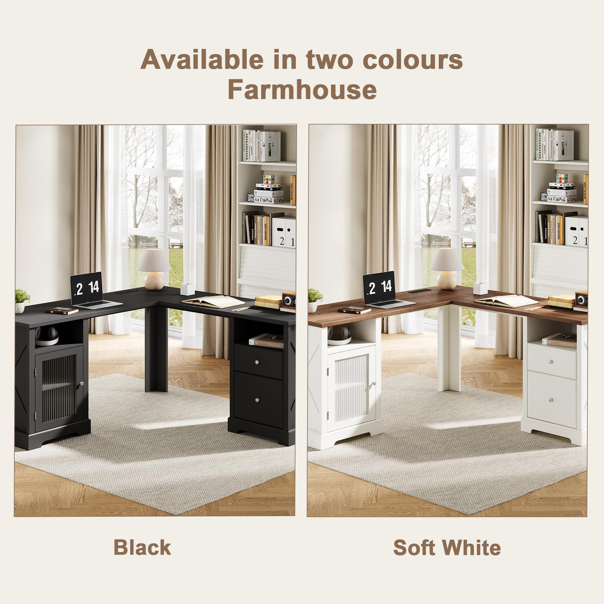 ChooChoo Farmhouse L Shaped Desk with Drawers & Storage Shelf, Home Office Desk with Storage Cabinet, Executive Corner Computer Desk with Charging Station, Home Office Writing Desk, Soft White ChooChoo