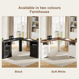 ChooChoo Farmhouse L Shaped Desk with Drawers & Storage Shelf, Home Office Desk with Storage Cabinet, Executive Corner Computer Desk with Charging Station, Home Office Writing Desk, Soft White ChooChoo