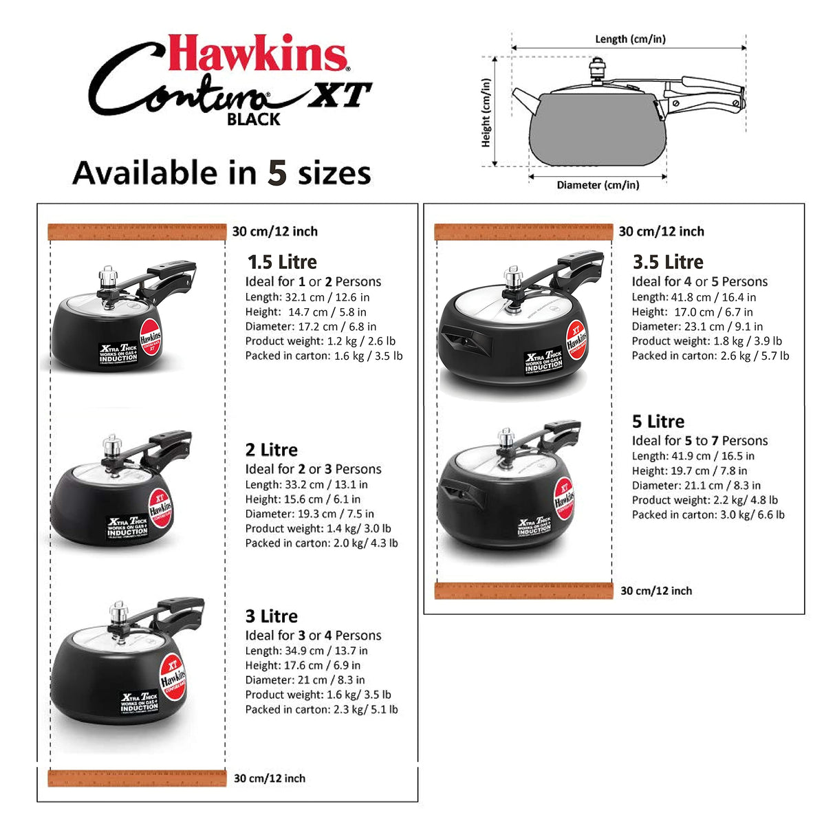 Hawkins 2 Litre Contura Black XT Pressure Cooker, Hard Anodised Inner Lid Cooker, Small Induction Cooker, Handi Cooker, Black (CXT20) HAWKINS