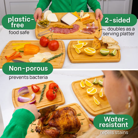 GREENER CHEF Organic Bamboo Cutting Board Set of 3 with Lifetime Replacements - 62% More Cutting Area, Single Tone Wood Chopping Boards with Juice Groove for Meat, Vegetables, and Cheese Greener Chef