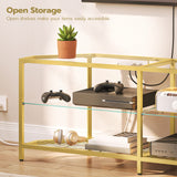 HOOBRO Corner TV Stand with Power Outlet for TVs up to 60", Modern 55" Corner TV Console Table with Open Shelves, Tempered Glass Media Entertainment Center for Living Room, Bedroom, Gold GD143UDS01 HOOBRO