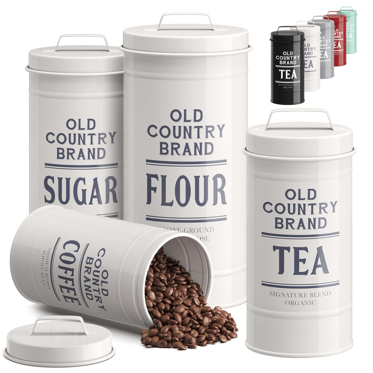 Barnyard Designs Canister Sets for Kitchen Counter, Farmhouse Canisters Sets for the Kitchen Countertop, Coffee Tea Sugar Flour Metal Containers with Lid (White) Barnyard Designs