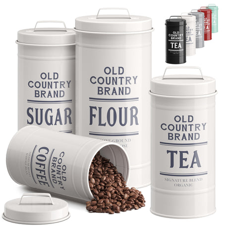 Barnyard Designs Canister Sets for Kitchen Counter, Farmhouse Canisters Sets for the Kitchen Countertop, Coffee Tea Sugar Flour Metal Containers with Lid (White) Barnyard Designs
