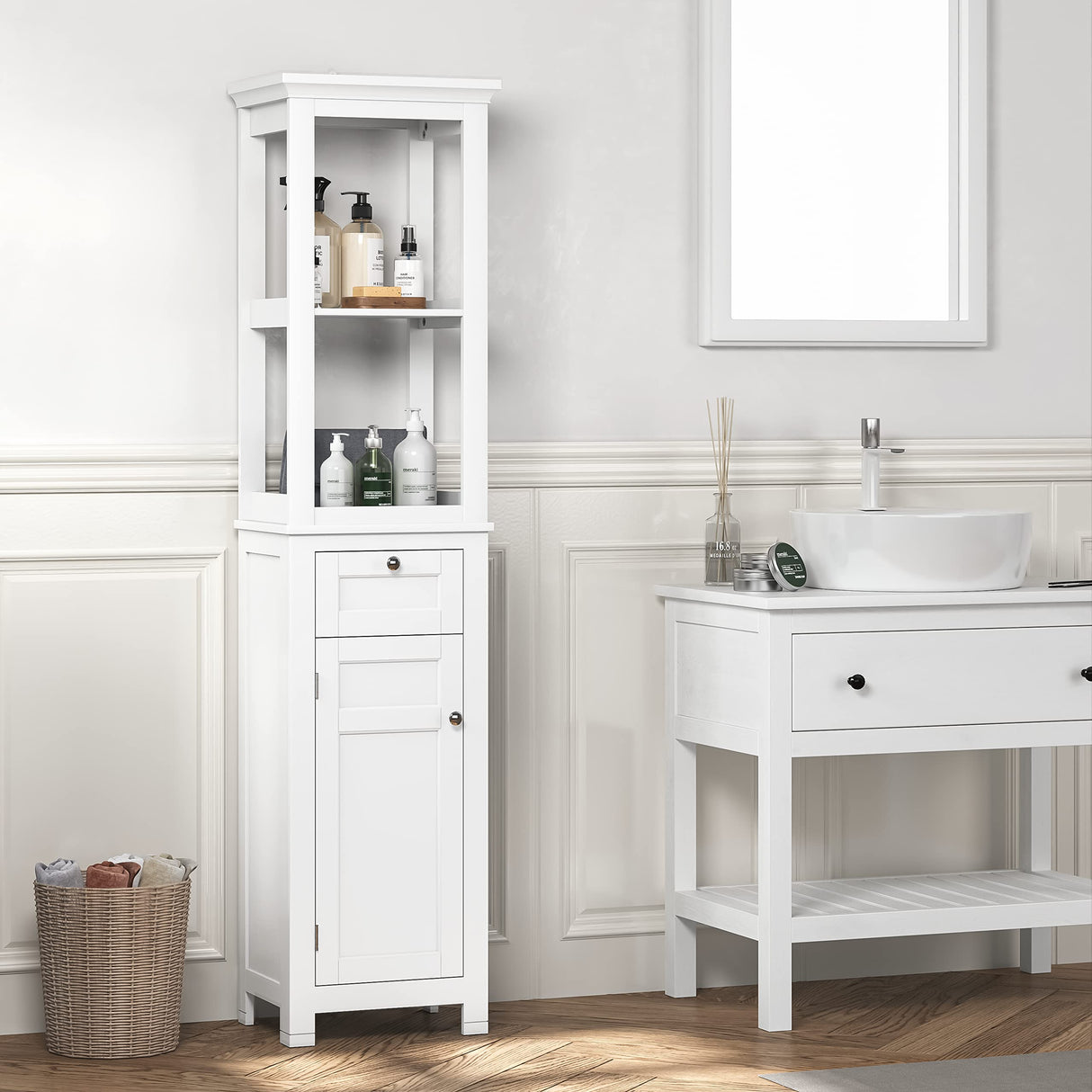 Spirich Bathroom Freestanding Storage Cabinet with Two Tier Open Shelves, Tall Slim Cabinet with Door and Drawer, Floor Linen Tower (White) Spirich