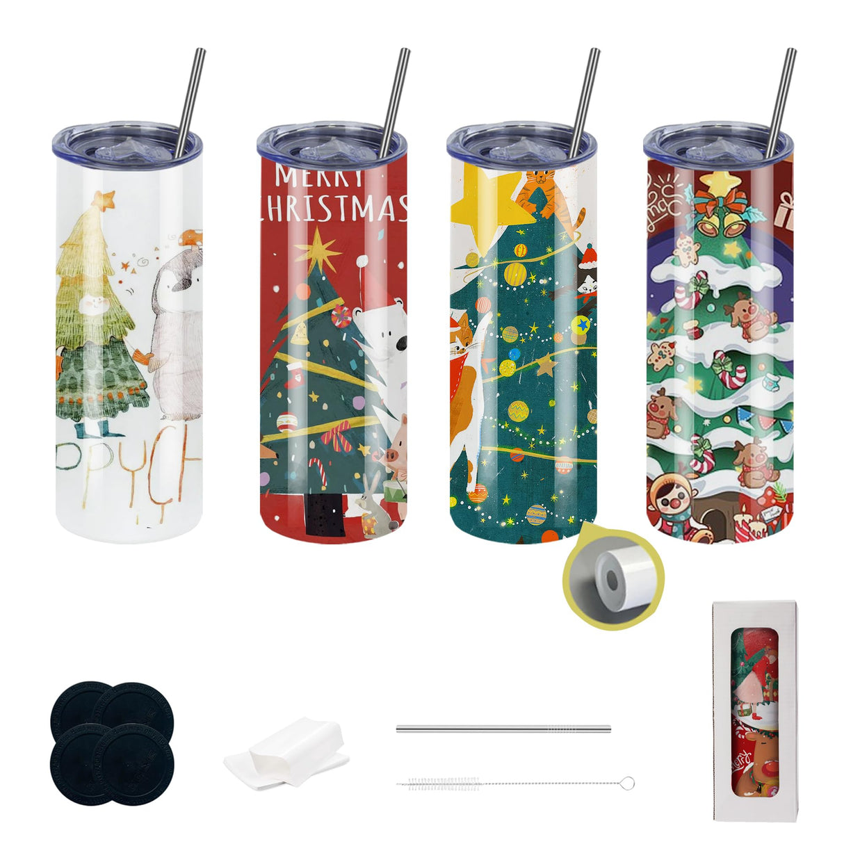 CWRIEB 4pack 20oz flat edge sublimation tumblers ，White skinny insulated Sublimation tumbler Straight Cups with Individual Gift Box, Silicone Bottom Polymer Coating for Heat Transfer （4pack 20oz） CWRIEB