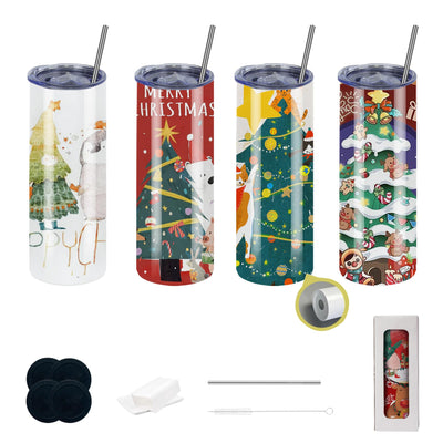 CWRIEB 4pack 20oz flat edge sublimation tumblers ，White skinny insulated Sublimation tumbler Straight Cups with Individual Gift Box, Silicone Bottom Polymer Coating for Heat Transfer （4pack 20oz）