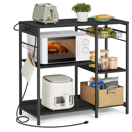 VASAGLE Baker's Rack, Coffee Bar Stand with Charging Station, Storage Shelves, Pull-Out Wire Basket, Table for Microwave, Kitchen, Charcoal Gray UKKS036B22, 15.7 x 35.4 x 35.6 Inches VASAGLE