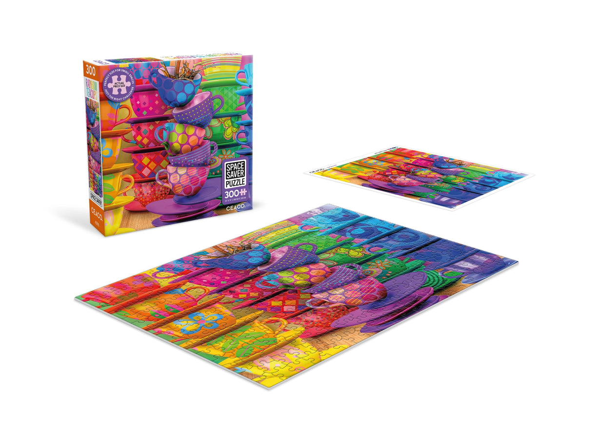 Ceaco – Rainbow Teacups - 300 Piece Jigsaw Space Saver Puzzle – Puzzles for Smaller Spaces and Surfaces Ceaco