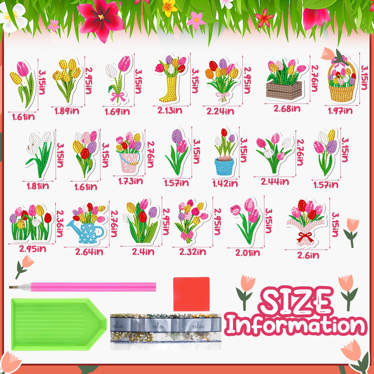 Saillong 20 Pcs Tulip Diamond Painting Magnets Spring Diamond Art Magnets Kits Refrigerator Magnetic Stickers for Fridge Home Adults DIY Crafts Saillong