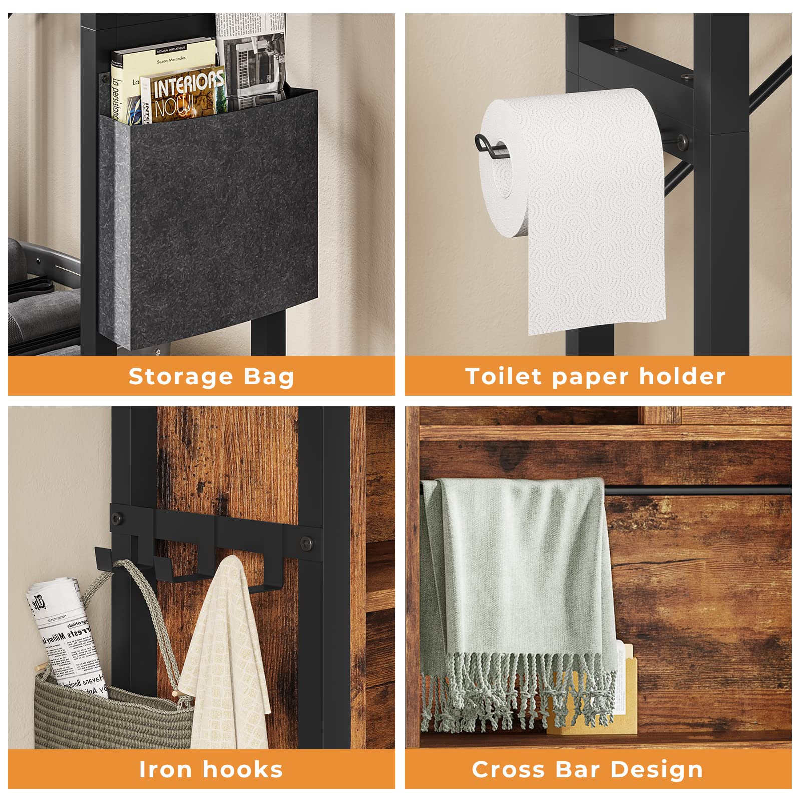 Itaar Over The Toilet Storage Cabinet, Farmhouse Over Toilet Bathroom Organizer, 4-Tier Bathroom Shelves Over Toilet, Over Toilet Storage with Storage Bag and Hooks, Rustic Brown - WoodArtSupply