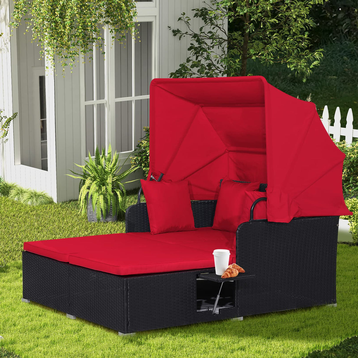 RELAX4LIFE Patio Outdoor Daybed with Canopy, Wicker Sunbed w/Cushions, 4 Pillows & 2 Retractable Side Trays, 2-Person Lounge Bed Conversation for Poolside Porch Garden, Rattan Outdoor Bed (Red) RELAX4LIFE
