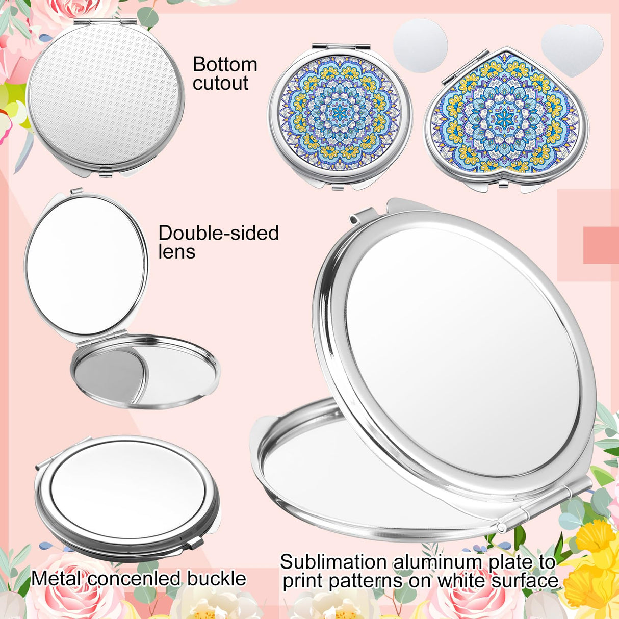 Jetec 6 Pcs Sublimation Blanks Products Small Compact Mirror Bulk Heat Transfer Folding Pocket Makeup Mirror Heart Round Double Sided Handheld Mirror Sublimation Mirror for Women Gift Purse Travel Jetec