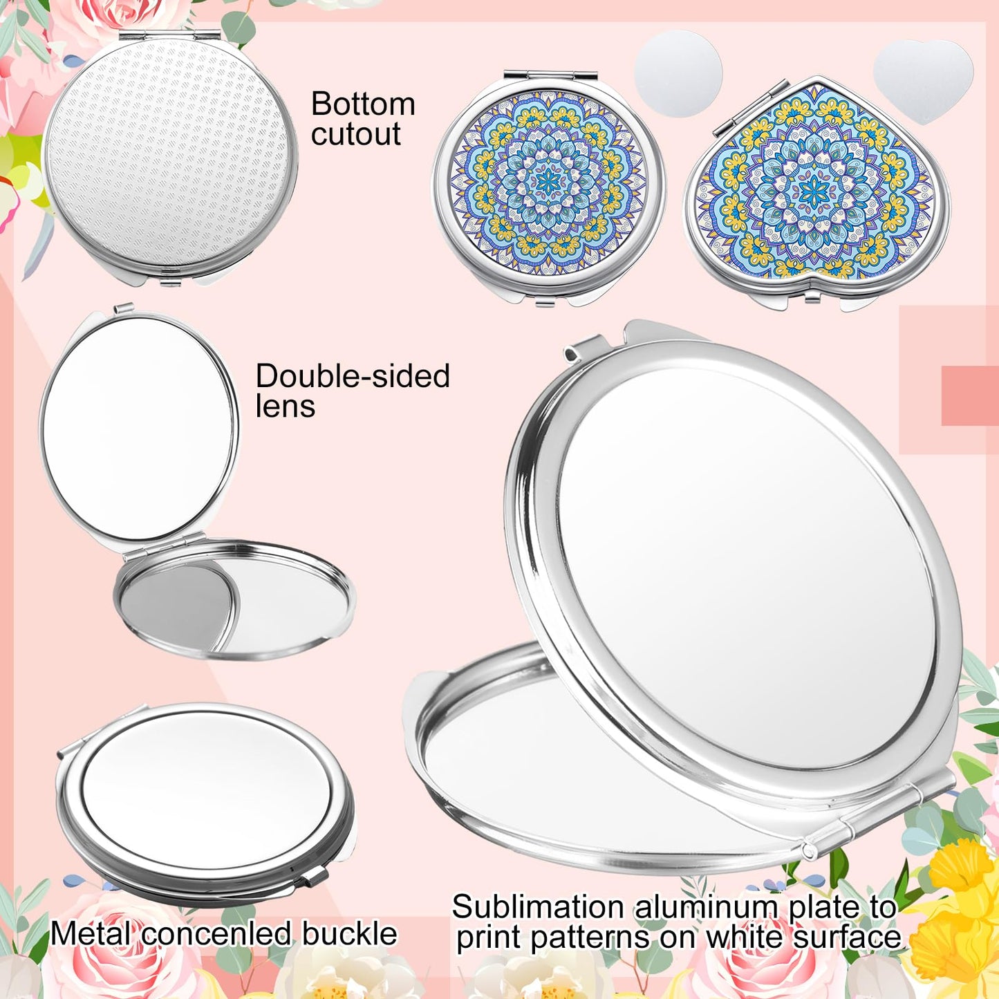 Jetec 6 Pcs Sublimation Blanks Products Small Compact Mirror Bulk Heat Transfer Folding Pocket Makeup Mirror Heart Round Double Sided Handheld Mirror Sublimation Mirror for Women Gift Purse Travel