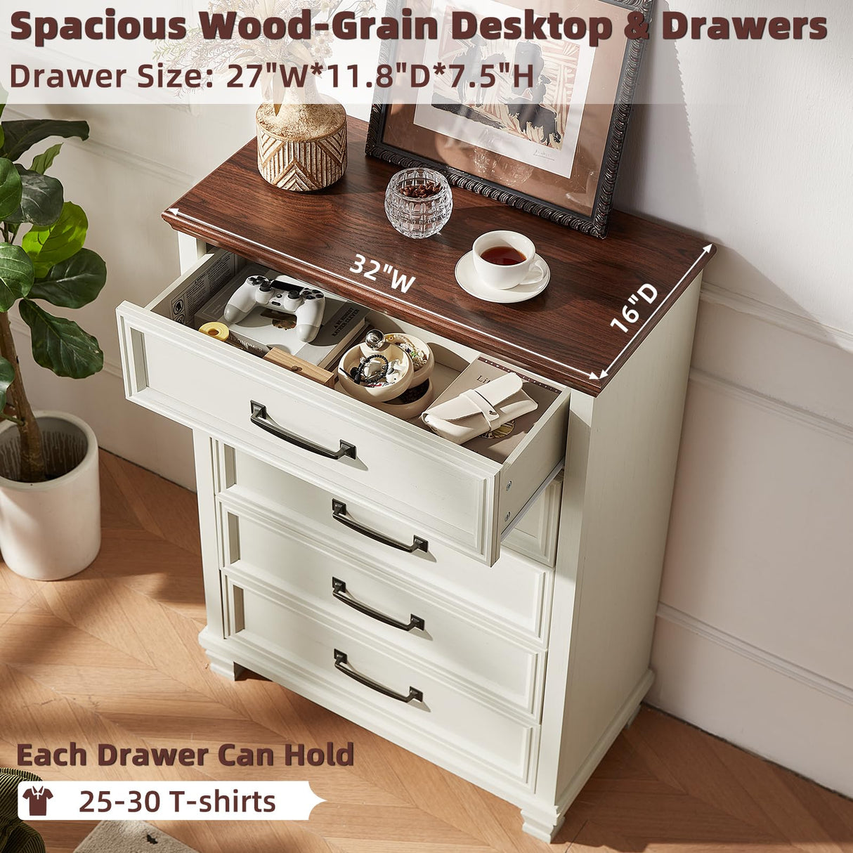 SAVOR LIFE Farmhouse 5 Drawer Dresser for Bedroom, 45” Tall Dresser for Closet, Rustic Wooden Chests of Drawer for Bedroom, Hallway, Entryway, White SAVOR LIFE