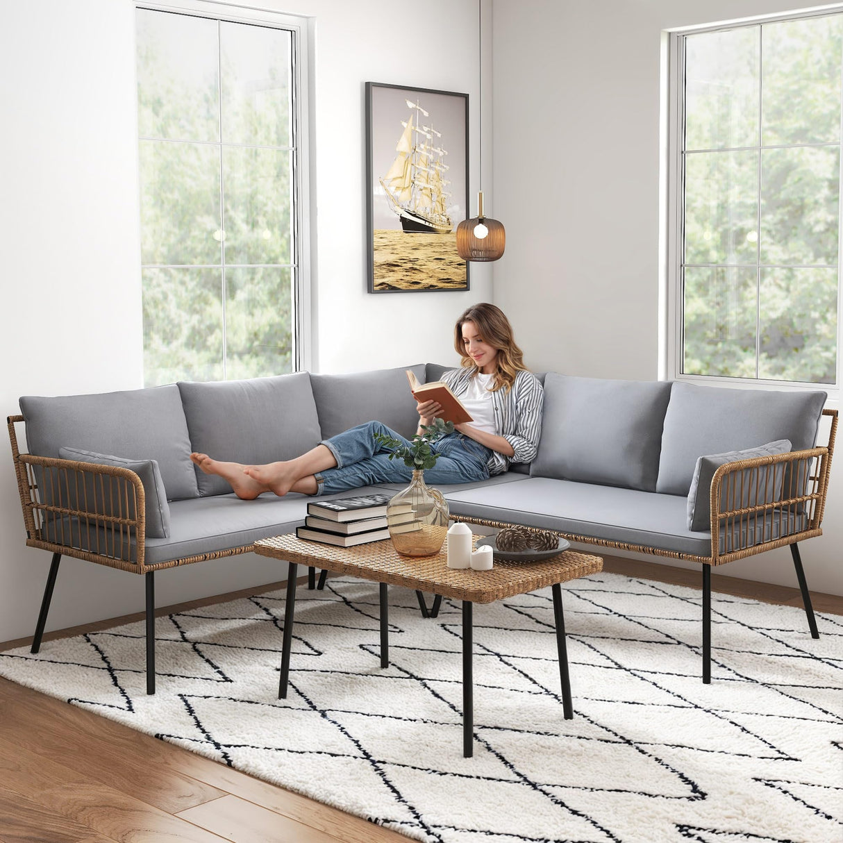 YITAHOME 4 Pieces Sectional Sofa Couch, L-Shaped Sofa with 5 Seater for Living Room, Detachable Lounger with Thickness Cushions and Side Table - Grey YITAHOME