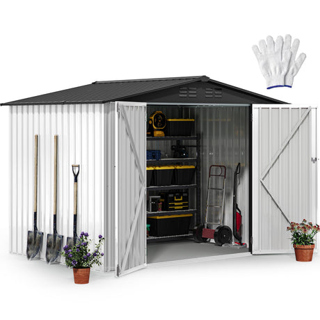 DWVO 8x6ft Metal Outdoor Storage Shed, Waterproof Tool Shed Heavy-Duty Storage Unit with Lockable Door and Vents, Ideal for Bicycles, Tools, Lawnmowers, Backyards, Patios, Lawns - White DWVO