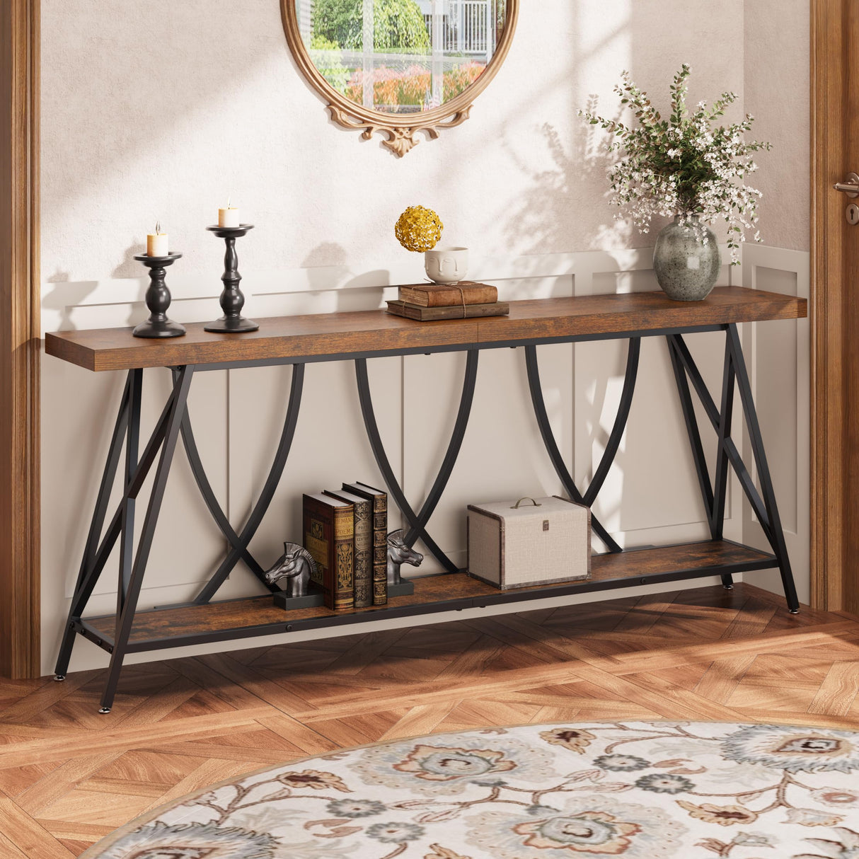 JUSTOGO 70.9" Narrow Console Table for Entryway, Industrial Long Sofa Table Behind Couch, Farmhouse Hallway Table with Storage for Living Room, Entrance, Foyer, Rustic Brown JUSTOGO