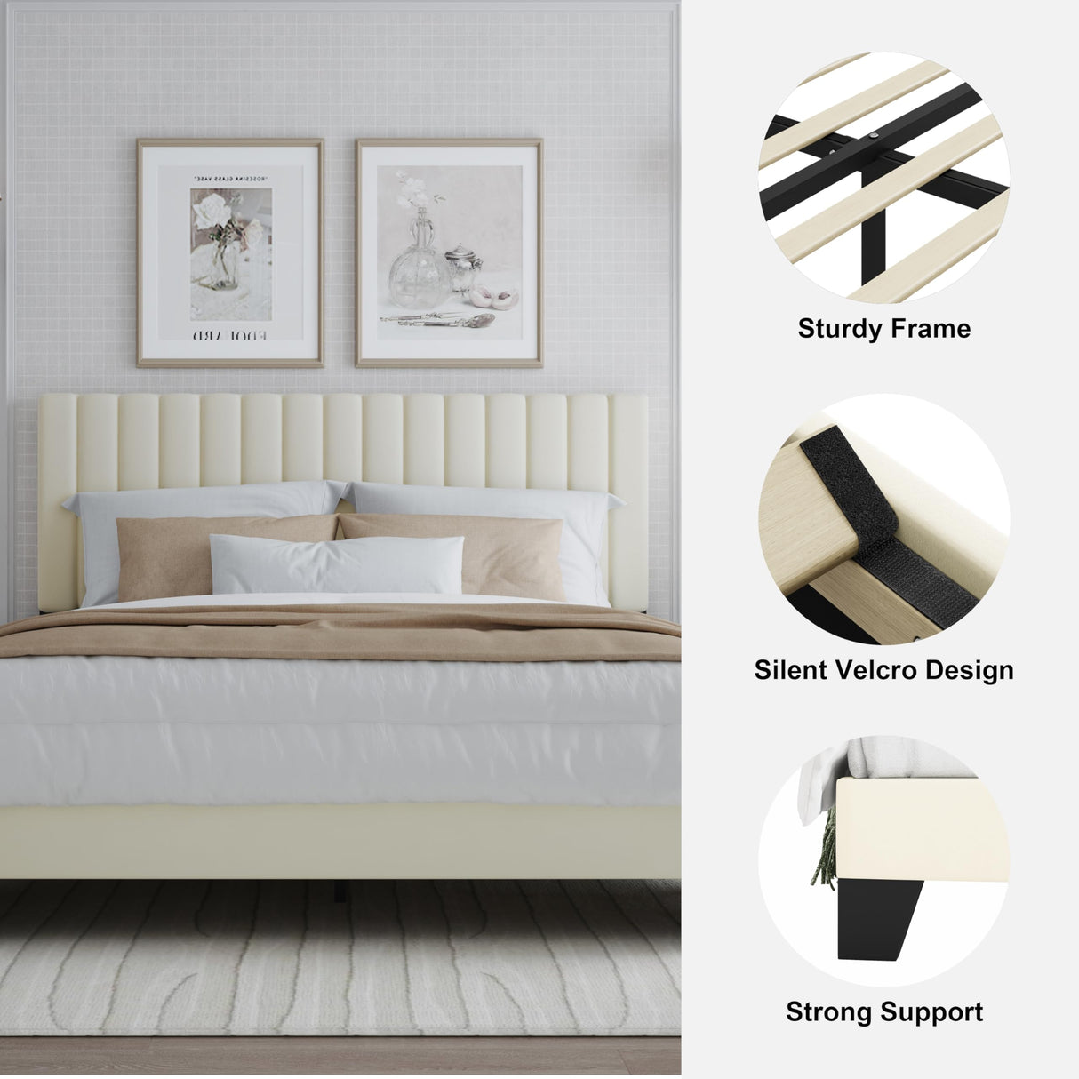 ZZBINUS Full Size Bed Frame with Adjustable Tufted Headboard – Velvet Upholstered Platform Bed, Sturdy Frame & Slats, No Box Spring Needed, Noise-Free, Easy Assembly (Beige, Full) ZZBINUS