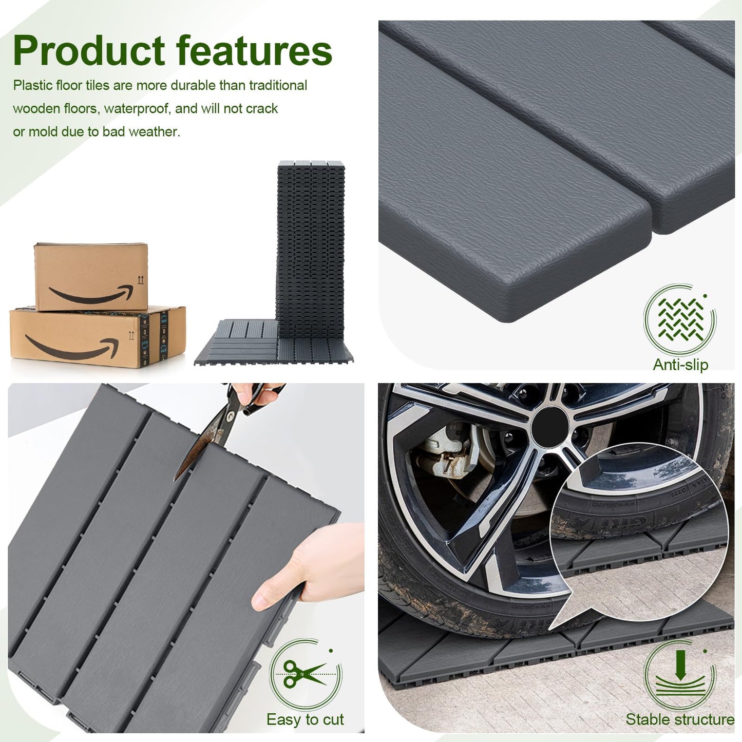 ZJT 44 Pack Plastic Interlocking Deck Tiles,44 sq.ft,12"x12"Indoor Outdoor Waterproof Patio Floor Decking Tiles All Weather Use for Balcony Backyard(Dark Grey Stripe)