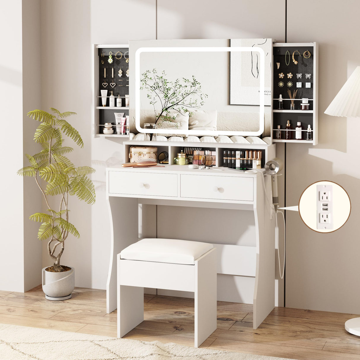 Makeup Desk with Mirror and Lights, White Dressing with Charging Station & Chair, Vanity Desk with Sliding Jewelry Storage Shelves&3 Lighting Modes, Vanity with 2 Large Drawers,Vanity for Women&Girls Vabches