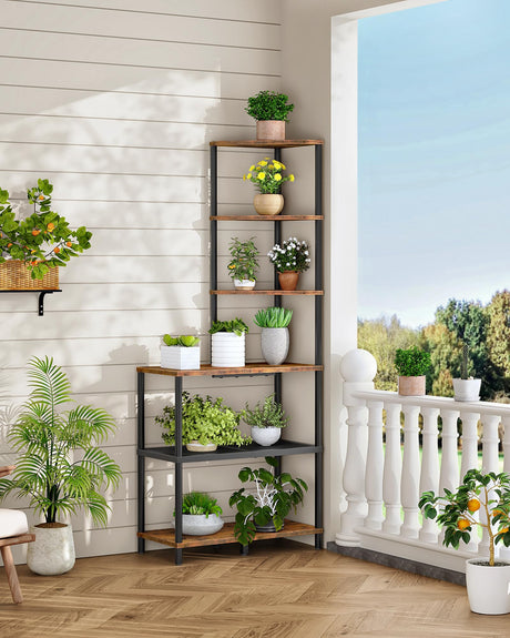 CHOEZON 6-Tier Corner Shelf, Industrial Corner Bookshelf with Desk Top, Diamond-Shaped Storage Shelves, Display Stand for Small Spaces, Living Room, Home Office, Foyer, Rustic Brown and Black TCJ70BF CHOEZON
