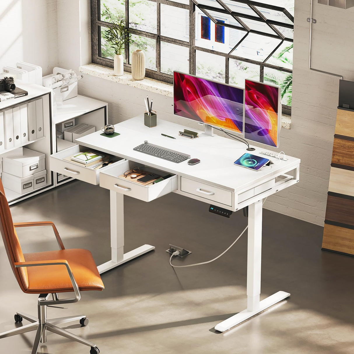 AODK Electric Standing Desk with Drawers, 47 Inch Height Adjustable Small Desk with Power Outlets, Sit Stand Table, Writing Computer Desk for Home, Office, Workstation, White AODK