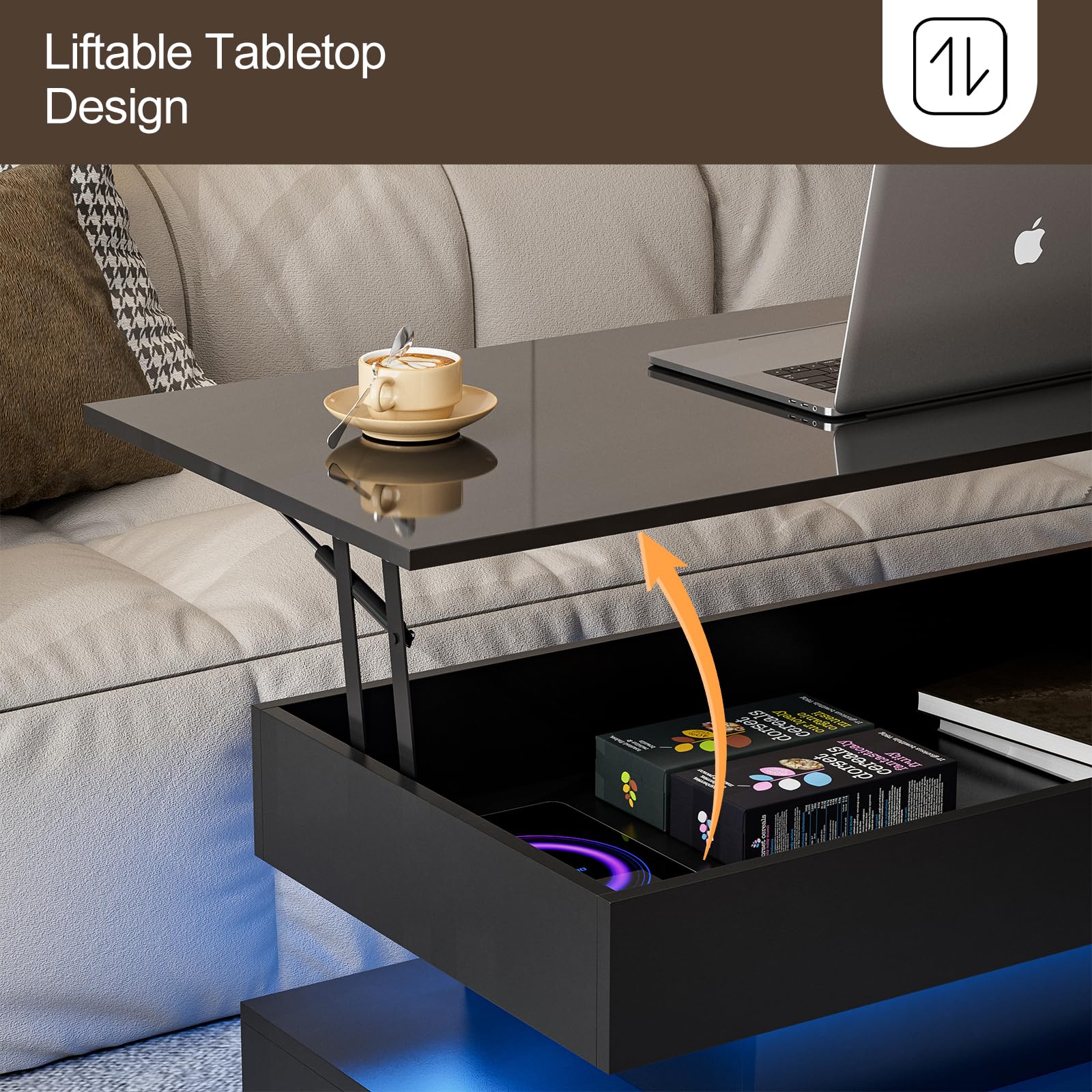 IKIFLY Modern Lift Top Coffee Table, High Glossy Coffee Table with 16 Colors LED Lights, Lift top Coffee Table with 2 Drawers and Hidden Compartment for Living Room Black - WoodArtSupply