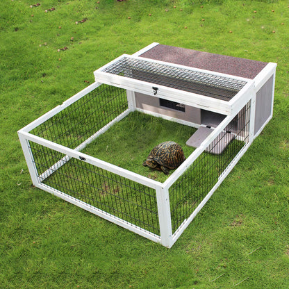 Tortoise House Habitat Wooden, Chicken Coop with Run Rabbit Hutch Small Animal Hutch Enclosure Indoor/Outdoor-Grey + White Trim