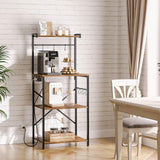 YATINEY Bakers Rack with Power Outlets, 4 Tier Microwave Stand, Coffee Bar Station with 6 S-Shaped Hooks, X-Shaped Back Support, for Kitchen, Dining Room, Living Room, Rustic Brown and Black HB21BR YATINEY