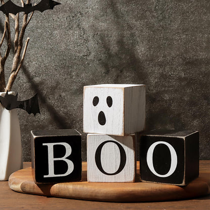 Treory Halloween Table Decorations Indoor: 4PCS Farmhouse Ghost Centerpiece Signs, Black White Boo EEK Double Side Wood Blocks, Rustic Tiered Tray Decor for Office Desk Home Mantel Shelf Fireplace