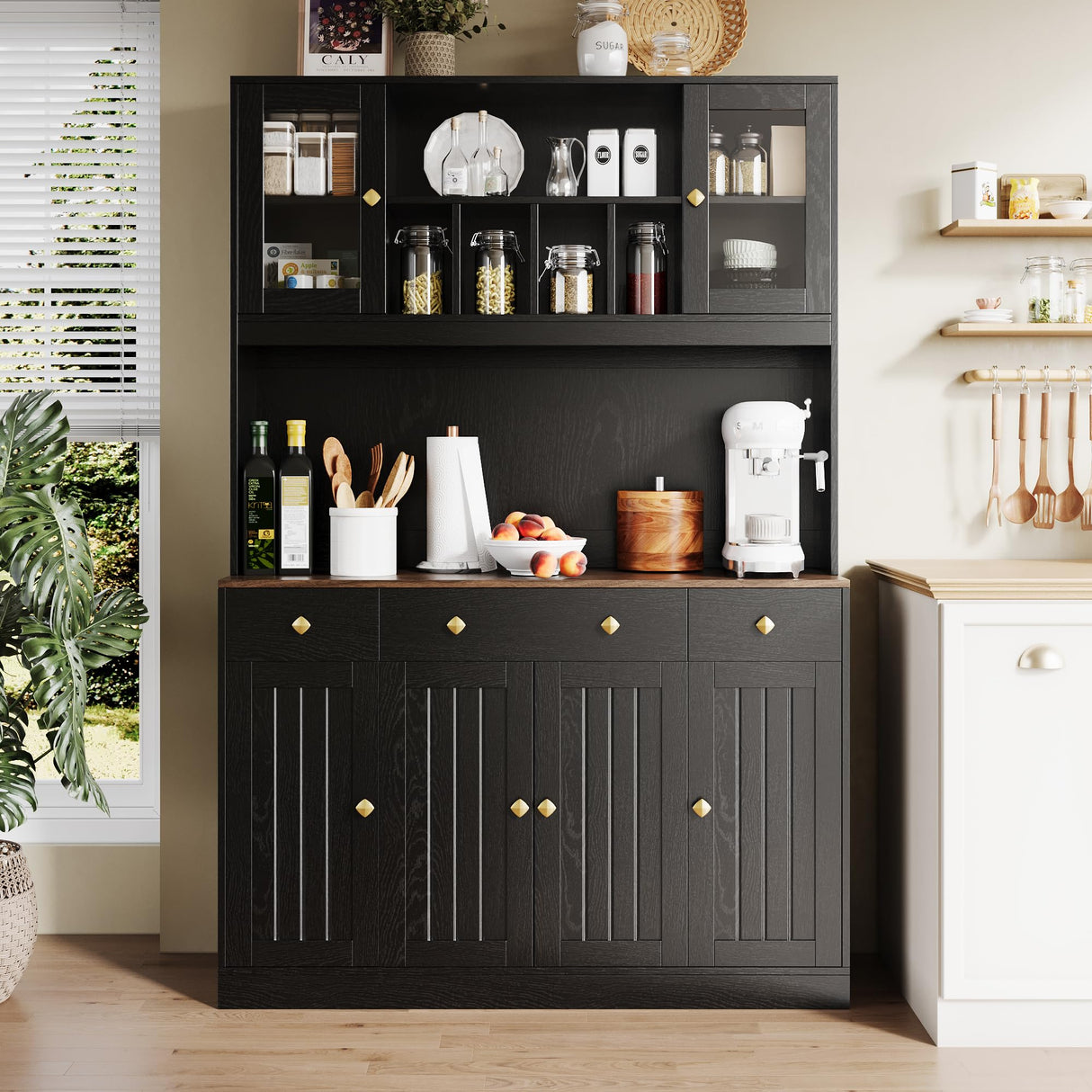 71" Tall 4-Door Kitchen Pantry Cabinet with Built-in Power Outlet- Freestanding Storage Hutch, Large Microwave Cabinet, Modern Farmhouse Design (Black) Oxirth